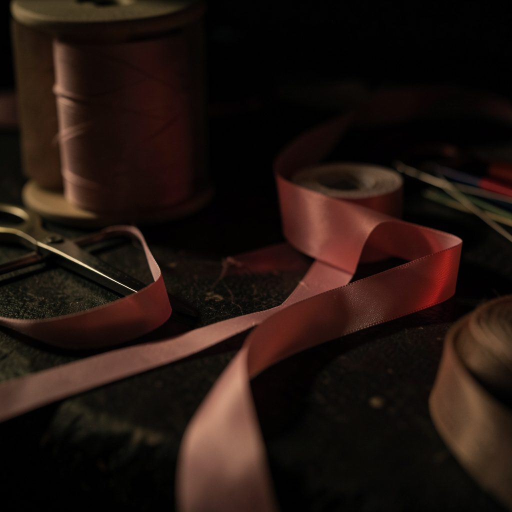 A warm dim photograph of craft supplies and soft pink ribbon laid on a dark textured surface