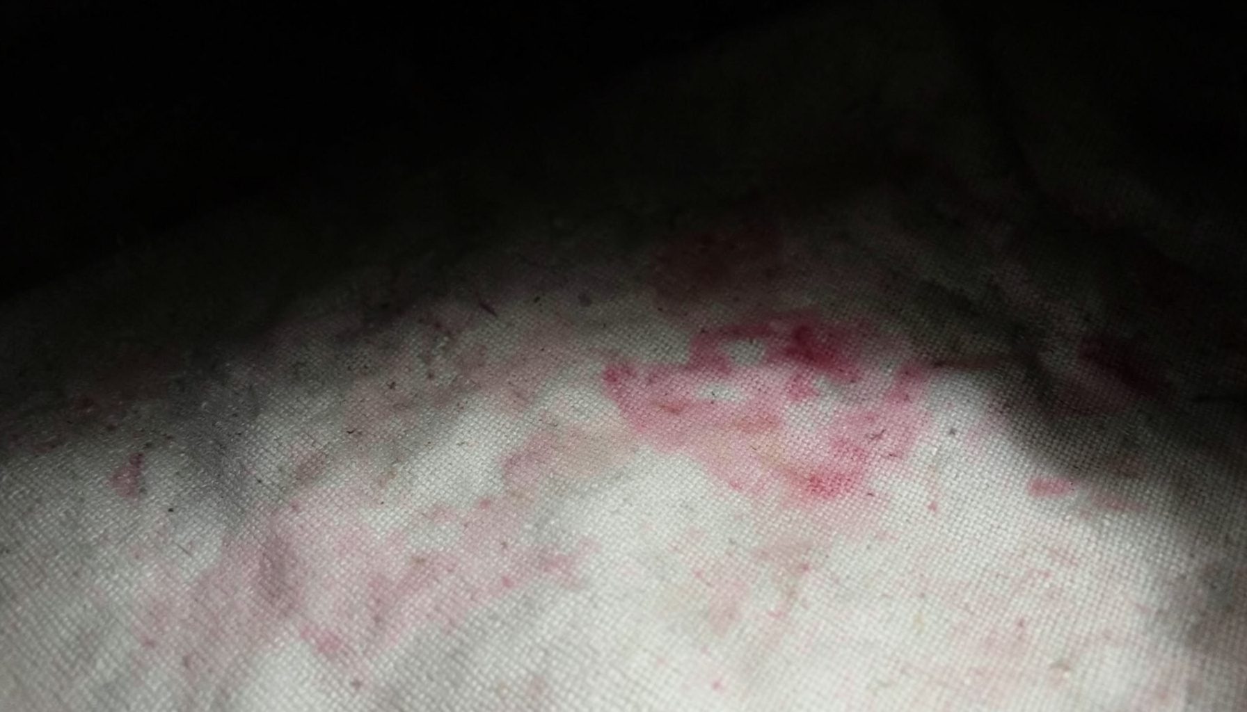 A pale cream fabric texture with faint pink watercolor bloom in low light
