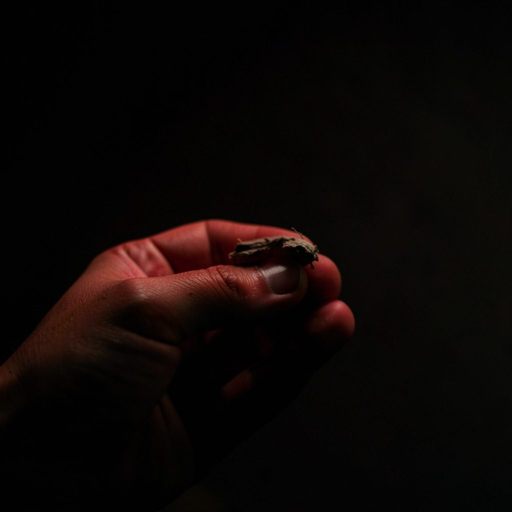 A dark, softly lit portrait-style still life of a hand holding a small handmade object against a shadowed background